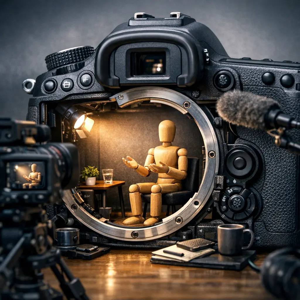 카메라 앞에서 진솔하게 답변하는 고객의 인터뷰 촬영 현장 이미지