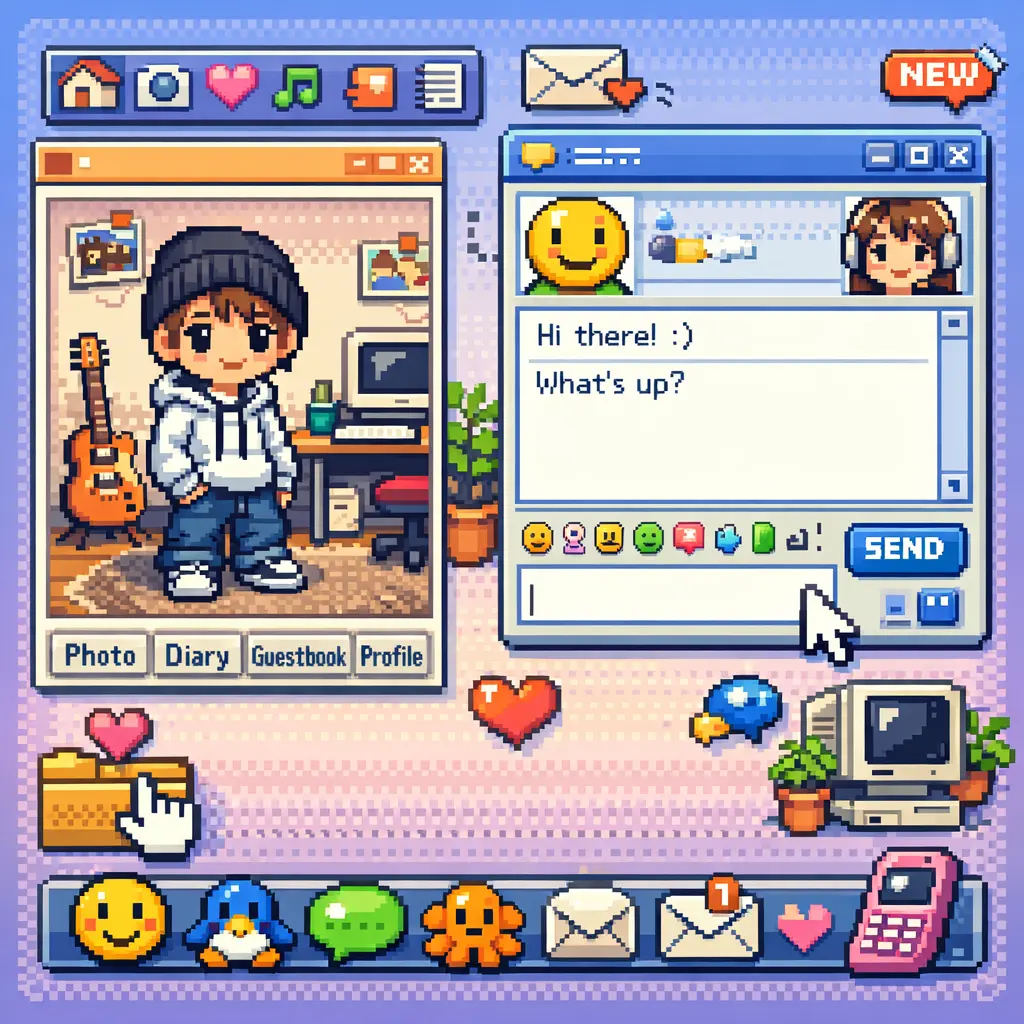 픽셀 아트로 재현된 2000년대 미니홈피 캐릭터와 메신저 아이콘이 포함된 레트로풍 인터랙티브 레이아웃 시각 자료