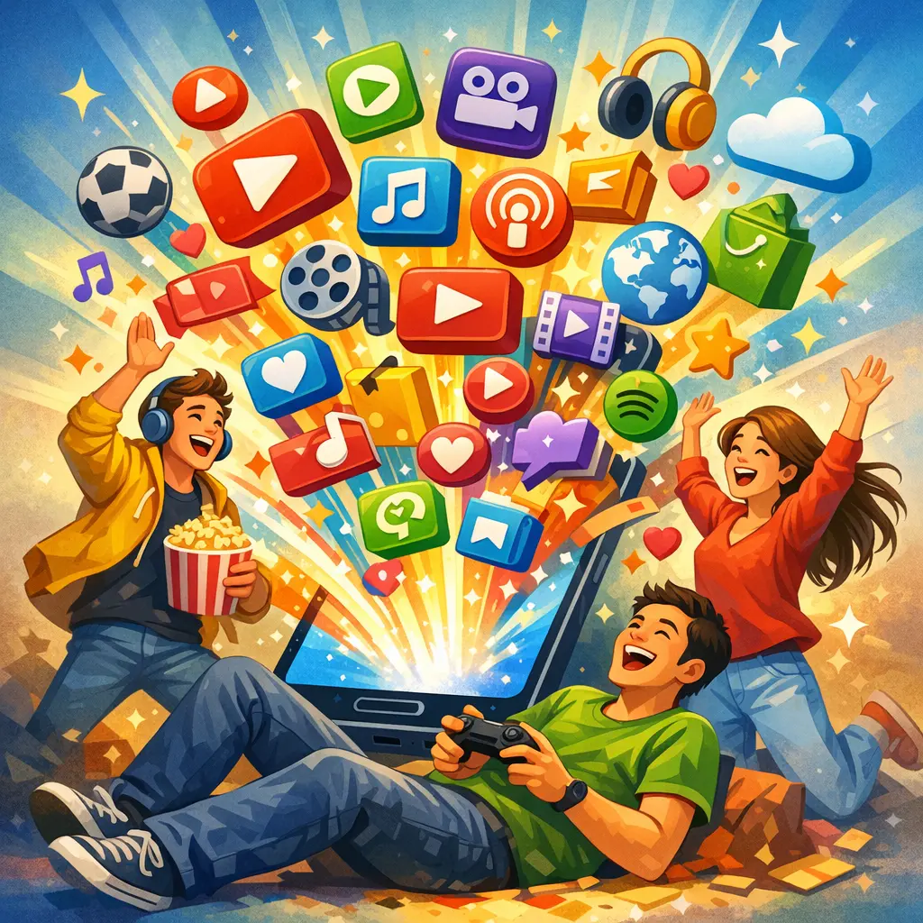 스마트폰에서 쏟아져 나오는 다양한 구독 서비스 아이콘을 즐기는 사람들의 일러스트