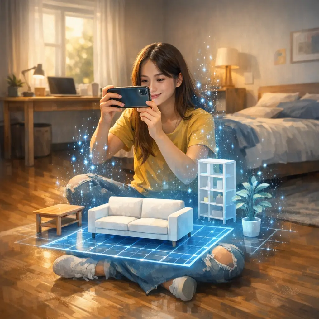 스마트폰 AR 기술로 자신의 방에 가상 가구를 미리 배치해보는 디지털 네이티브의 쇼핑 모습