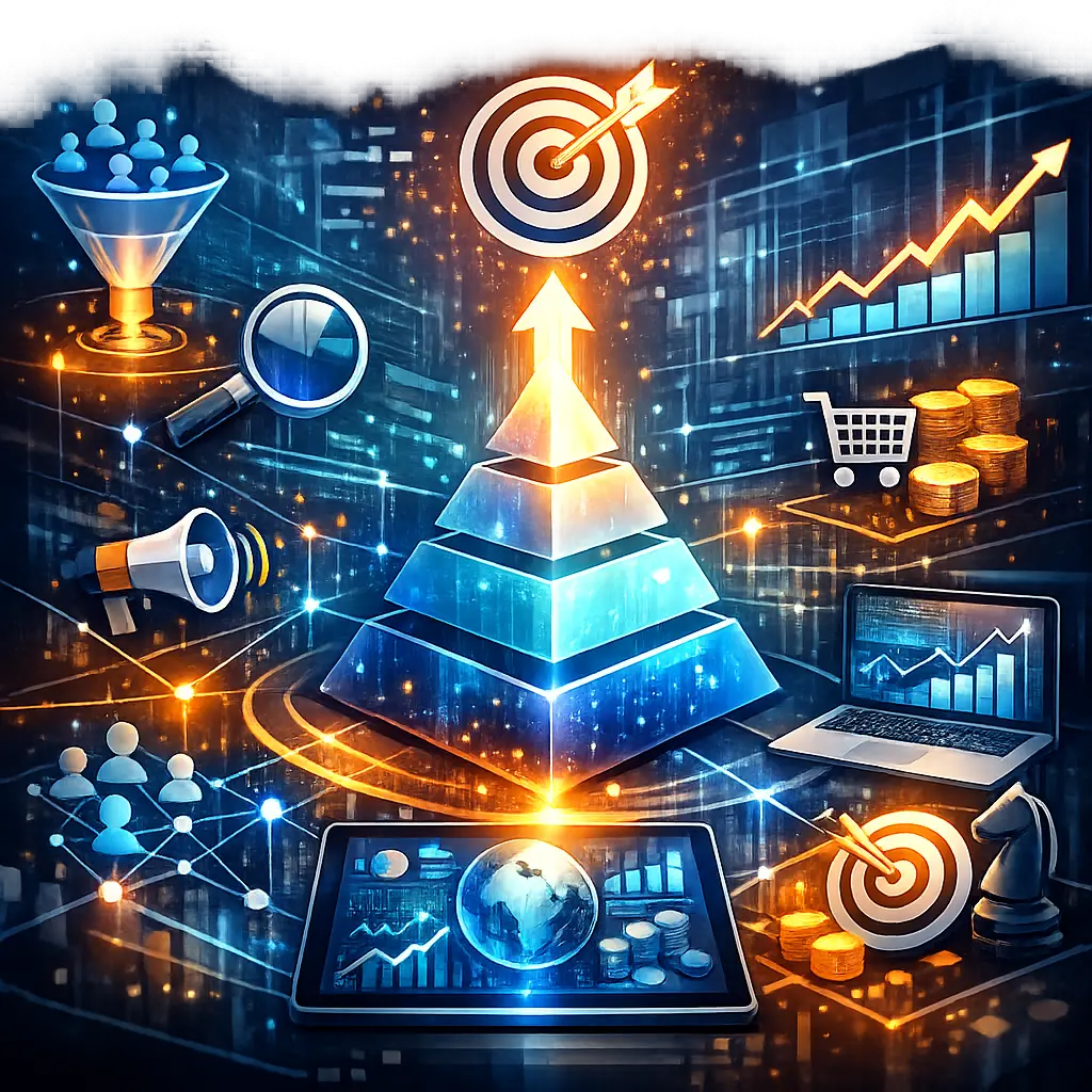 AI 프롬프트로 고도화된 마케팅 전략을 시각화하는 디지털 인터페이스 그래픽