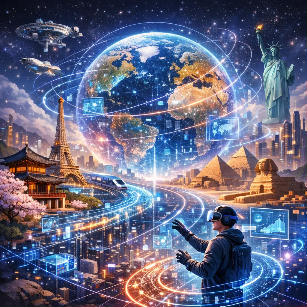 가상 현실 기술을 통해 시공간을 넘어 재현된 지역 명소와 디지털 데이터망이 결합된 입체적인 메타버스 이미지