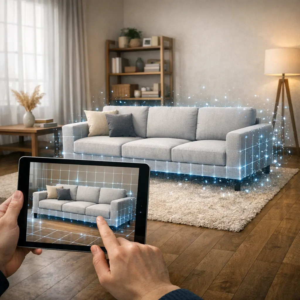 태블릿 화면 속 가상 소파를 실제 거실 공간에 투영해 배치해보는 사용자