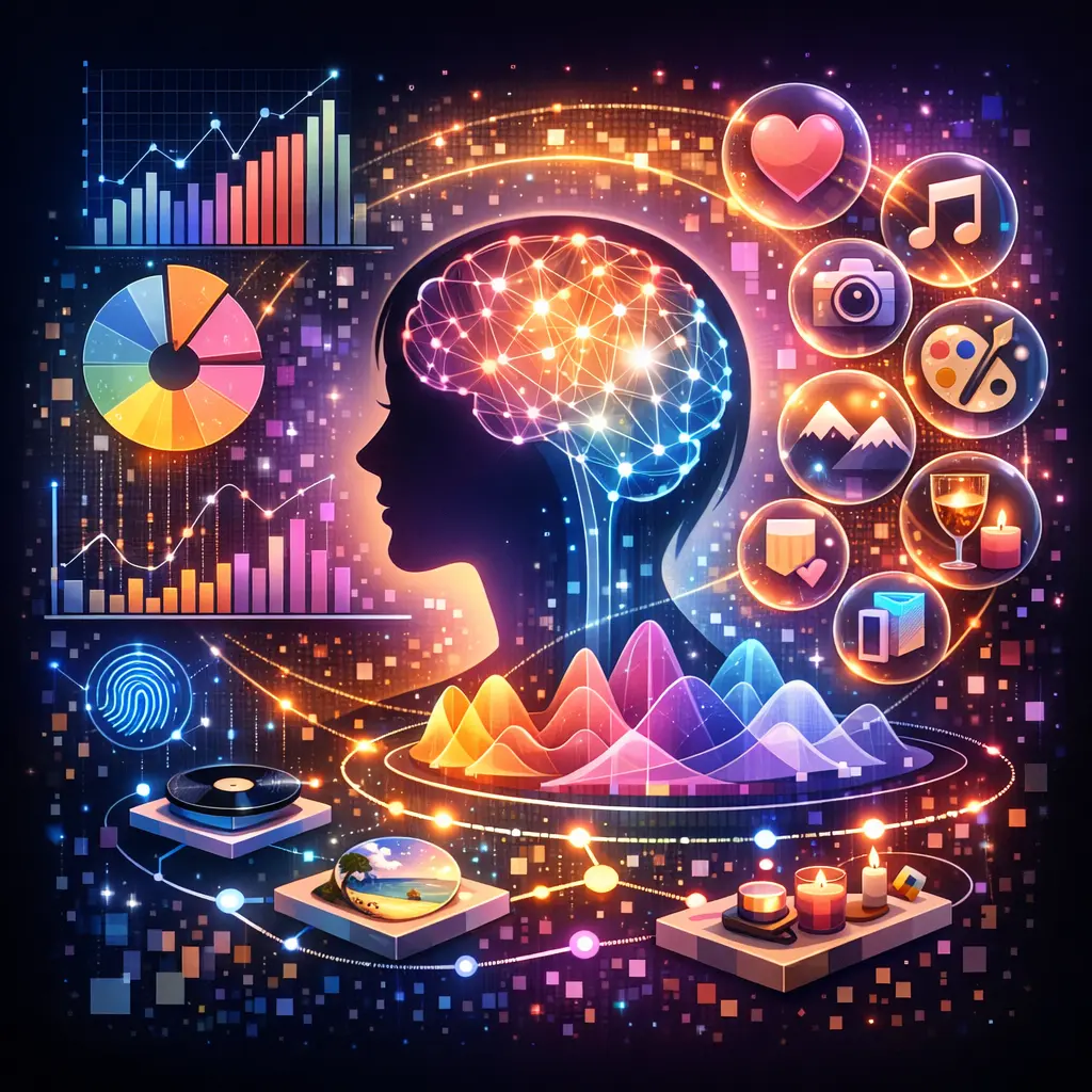 데이터 분석을 통해 개개인의 감성적 가치와 취향을 정교하게 시각화한 초개인화 경험 설계 그래픽