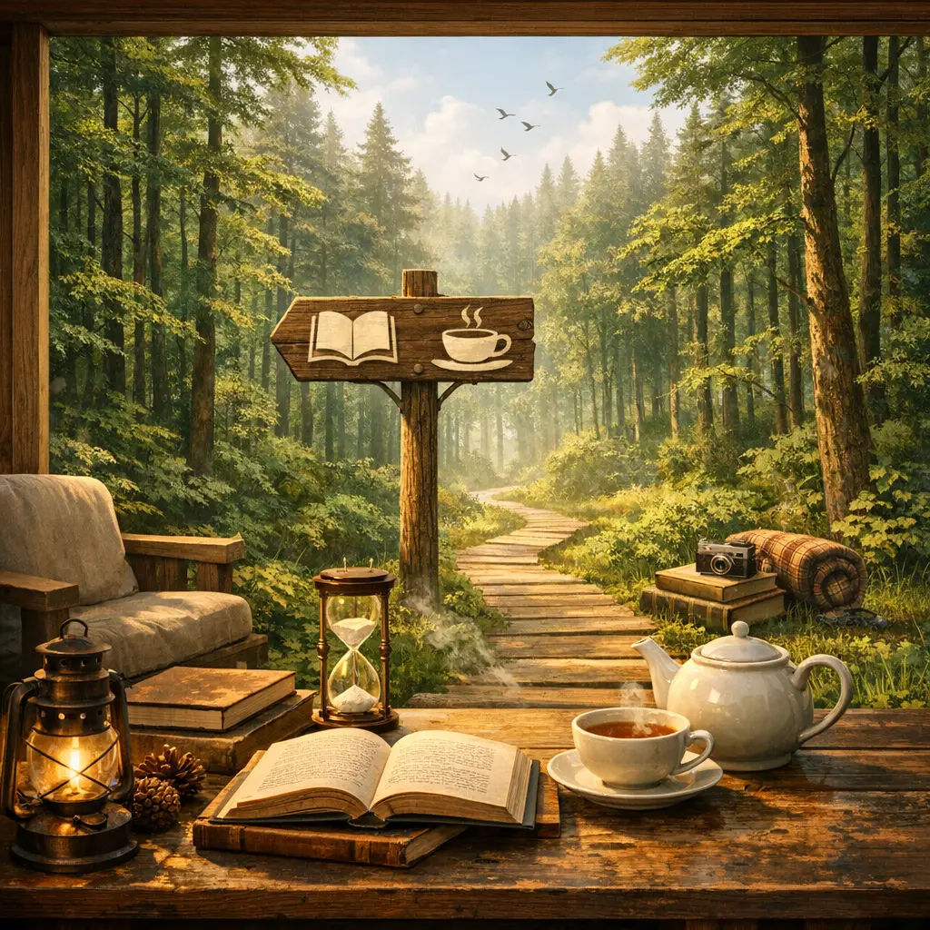 울창한 숲이 보이는 정갈한 공간에서 전자기기 없이 종이책과 차를 즐기며 휴식하는 프리미엄 아날로그 무드 이미지