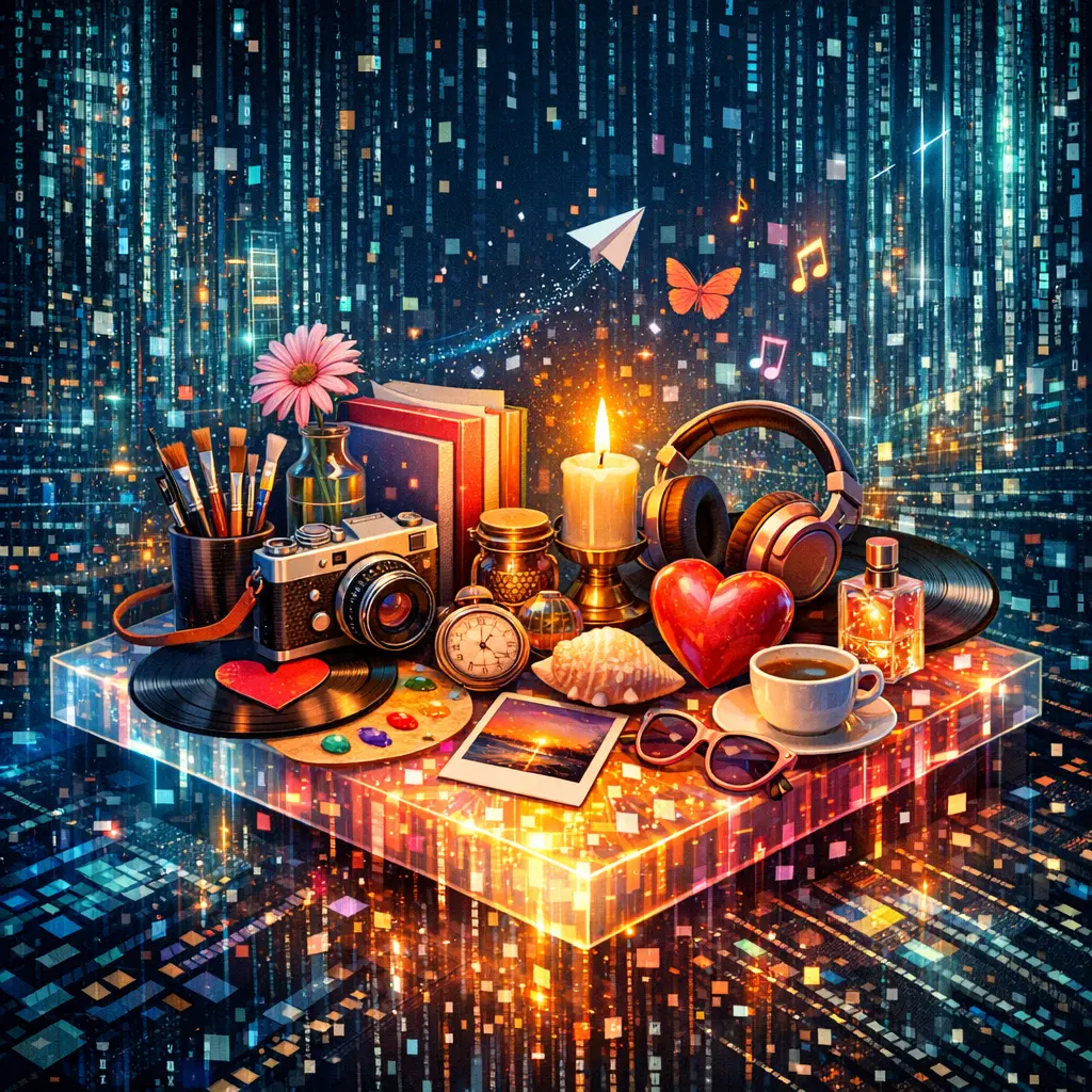 디지털 데이터가 가득한 배경 속에서 선명한 색채로 빛나는 인간의 고유한 감성과 취향이 담긴 감각적인 소품들