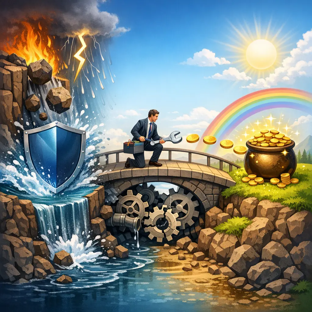 손실 위험 차단과 문제 해결을 통한 이득 전달 과정을 묘사한 인포그래픽 이미지