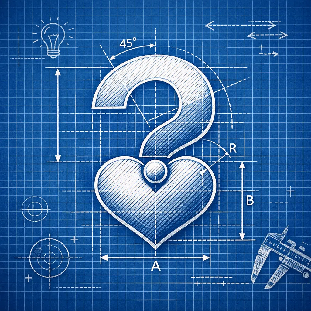 궁금증을 유발하는 물음표와 마음을 터치하는 하트가 결합된 문장 구조 설계도 이미지