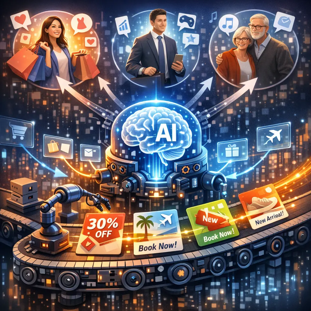 다양한 타겟 페르소나의 특성에 맞춰 AI가 맞춤형 마케팅 메시지를 실시간으로 생성하는 자동화 시스템 개념도