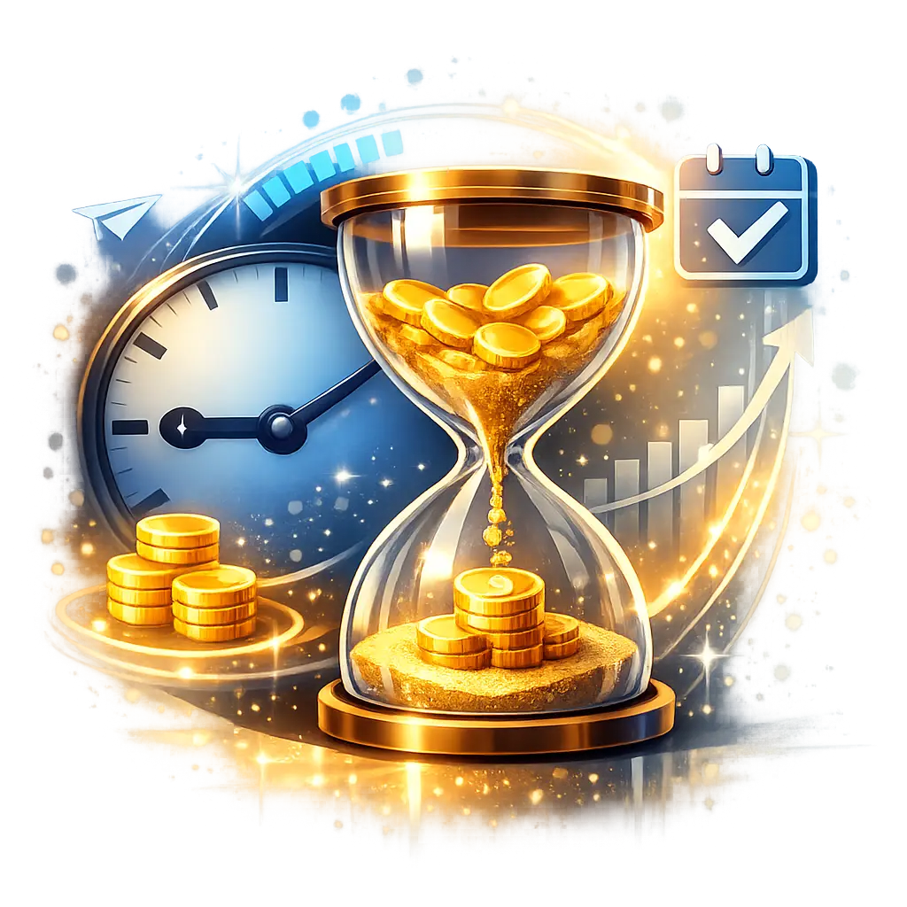 시간과 비용의 가치를 극대화하는 구독 서비스의 효율성을 상징하는 모래시계와 시계 그래픽