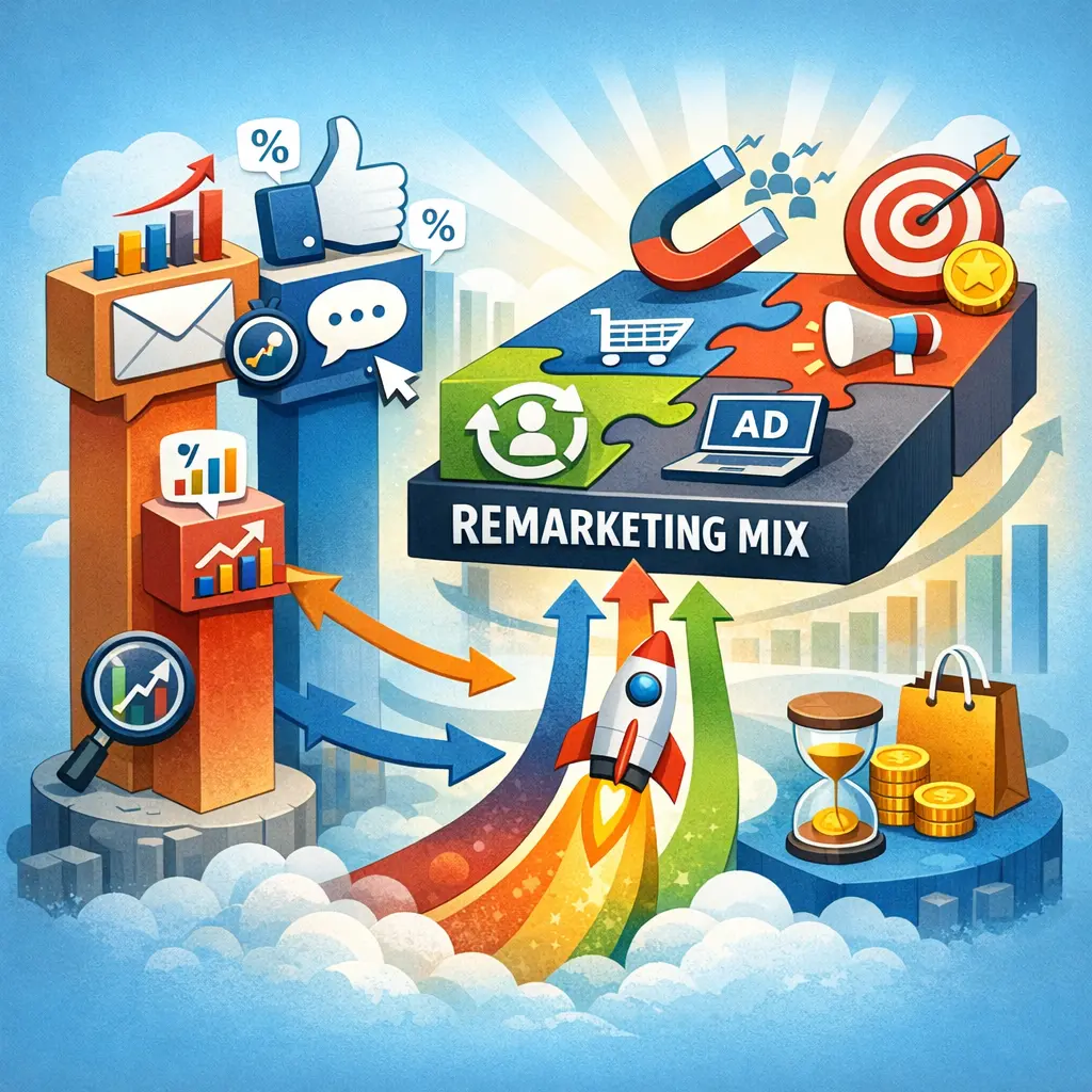 주요 메시지 채널별 도달률 및 클릭률 비교와 리마케팅 믹스 전략 인포그래픽
