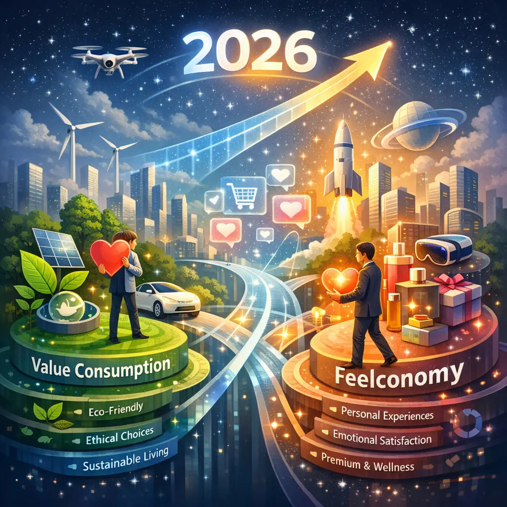 2026년 가치 소비 흐름과 필코노미 전략을 시각화한 미래 지향적 마케팅 일러스트