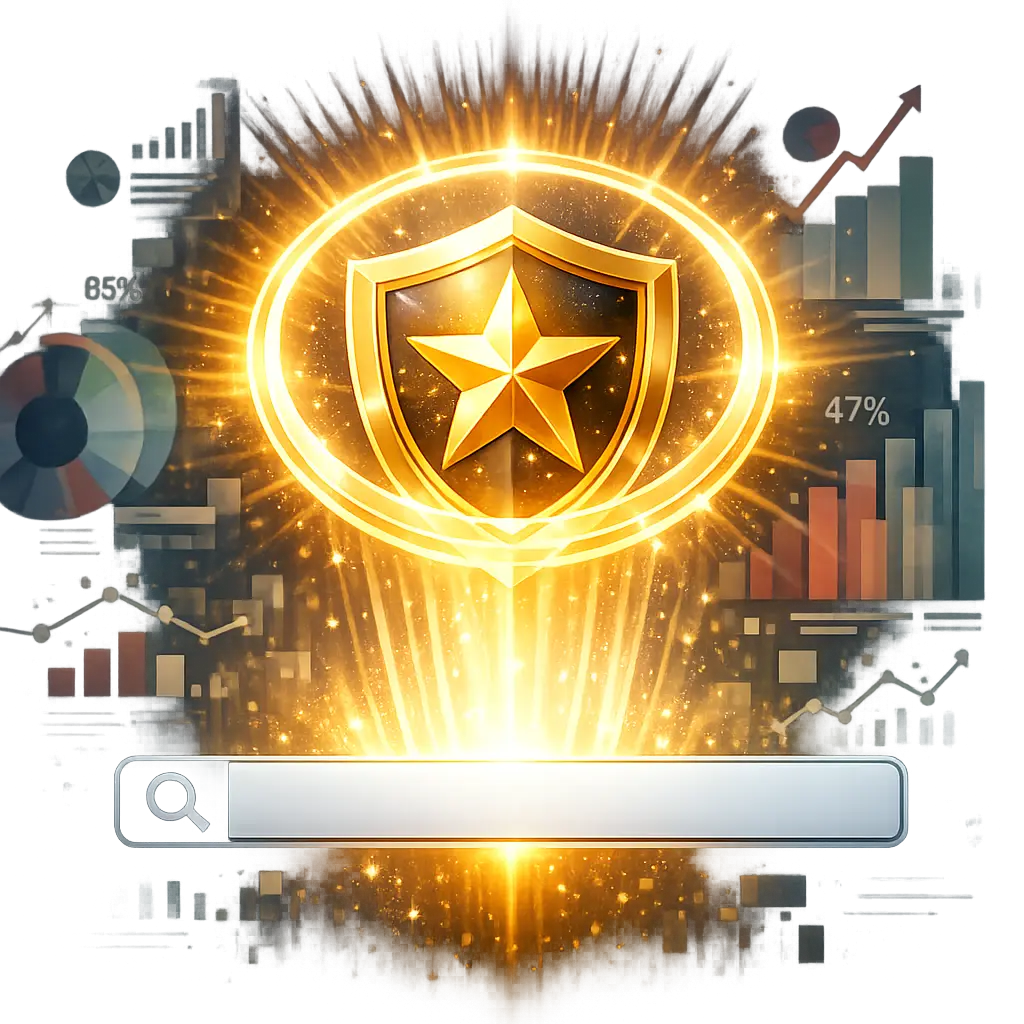 복잡한 광고 지표 사이에서 검색창 위로 선명하게 떠오르는 브랜드 고유의 가치와 신뢰를 형상화한 그래픽