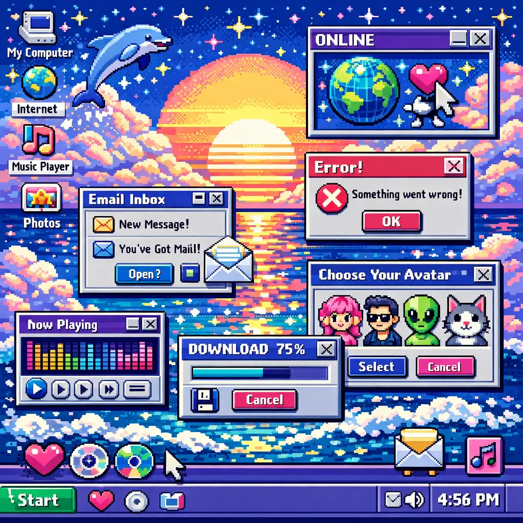 픽셀 아트와 팝업창으로 재현한 Y2K 감성의 레트로 데스크톱 화면 일러스트