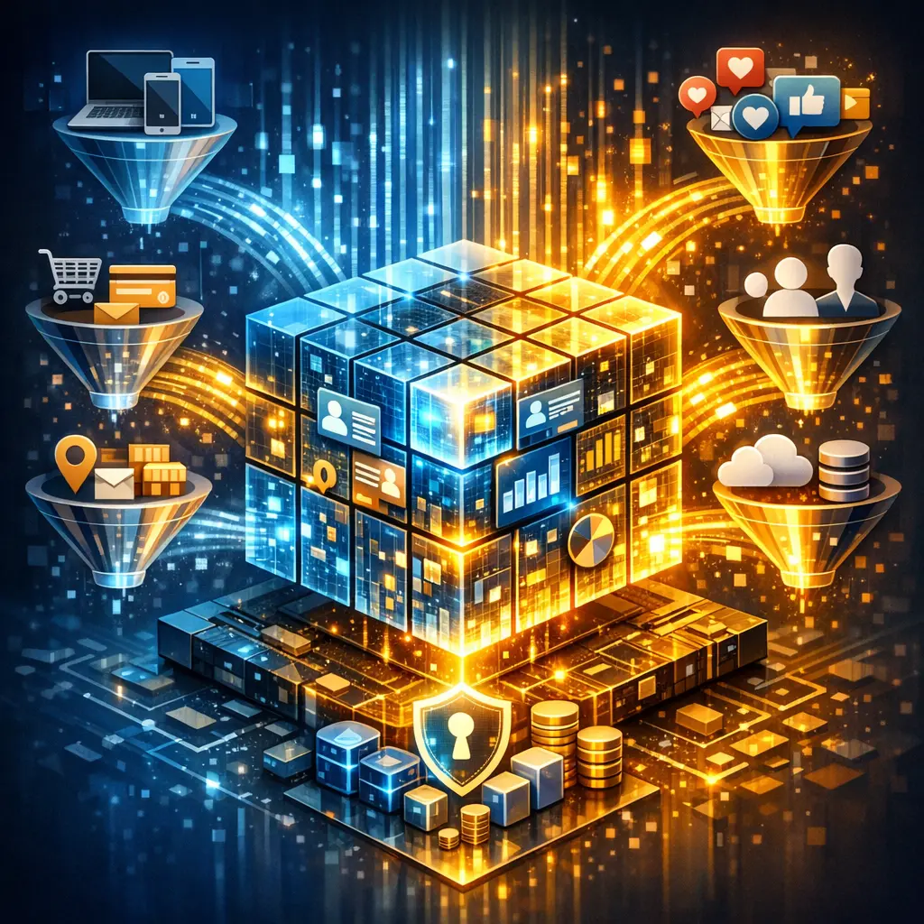 기업 자체 고객 데이터를 수집하고 통합하여 디지털 자산으로 구축하는 CDP 시스템 아키텍처 일러스트