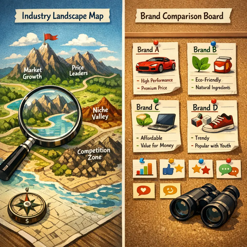 시장 구조를 분석한 산업 지형도와 주요 브랜드별 특징을 대조한 인포그래픽 비교 차트 예시 이미지