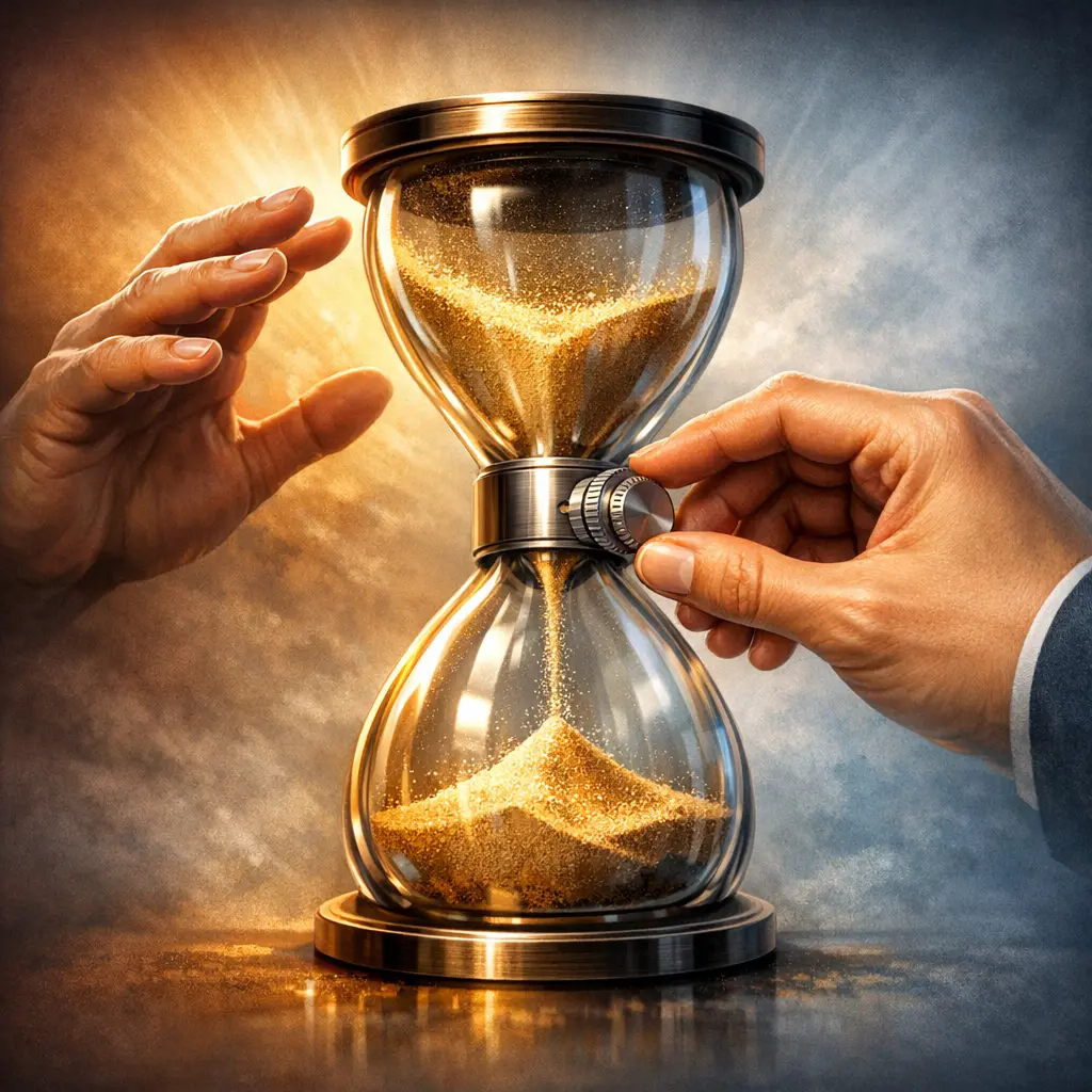 조급함을 상징하는 모래시계와 이를 조절하는 신뢰의 손길을 형상화한 그래픽 이미지