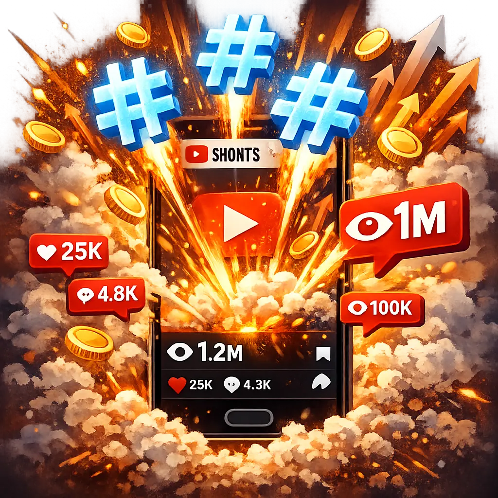 해시태그 효과로 조회수 유입이 폭발하는 유튜브 쇼츠 모바일 인터페이스 그래픽