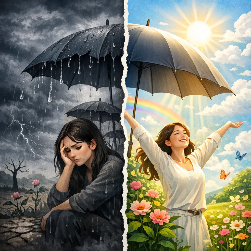 제품 사용 전의 고민과 사용 후의 만족감을 극적으로 대비시킨 분할 화면 그래픽 이미지