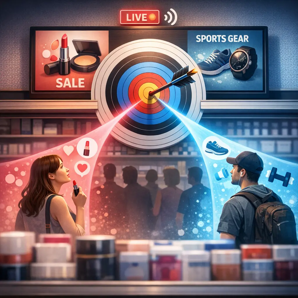 디지털 사이니지로 변신한 오프라인 매장 선반 위로 송출되는 실시간 타겟 광고