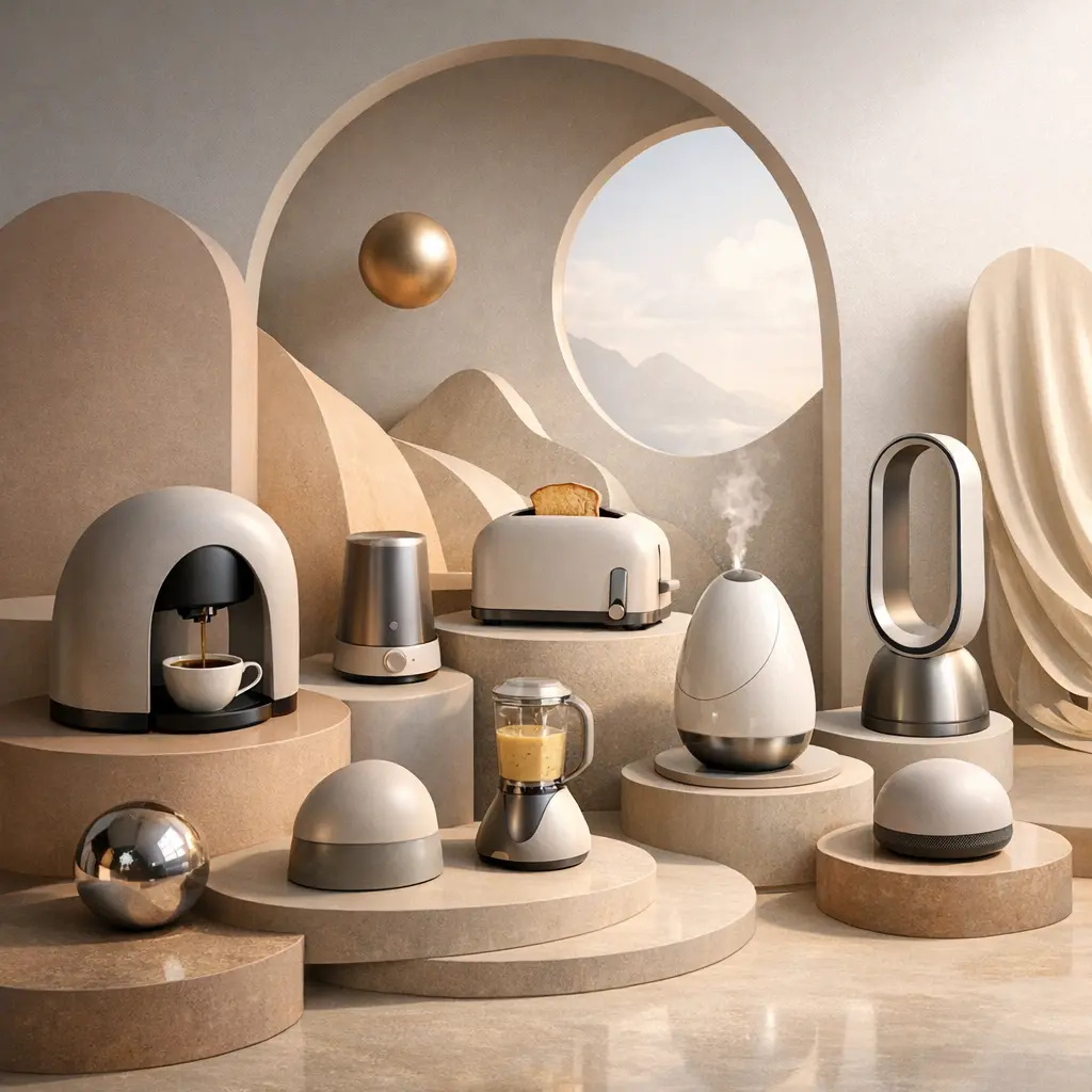 세련된 오브제 형태의 프리미엄 소형 가전들이 배치된 모던한 주방 인테리어