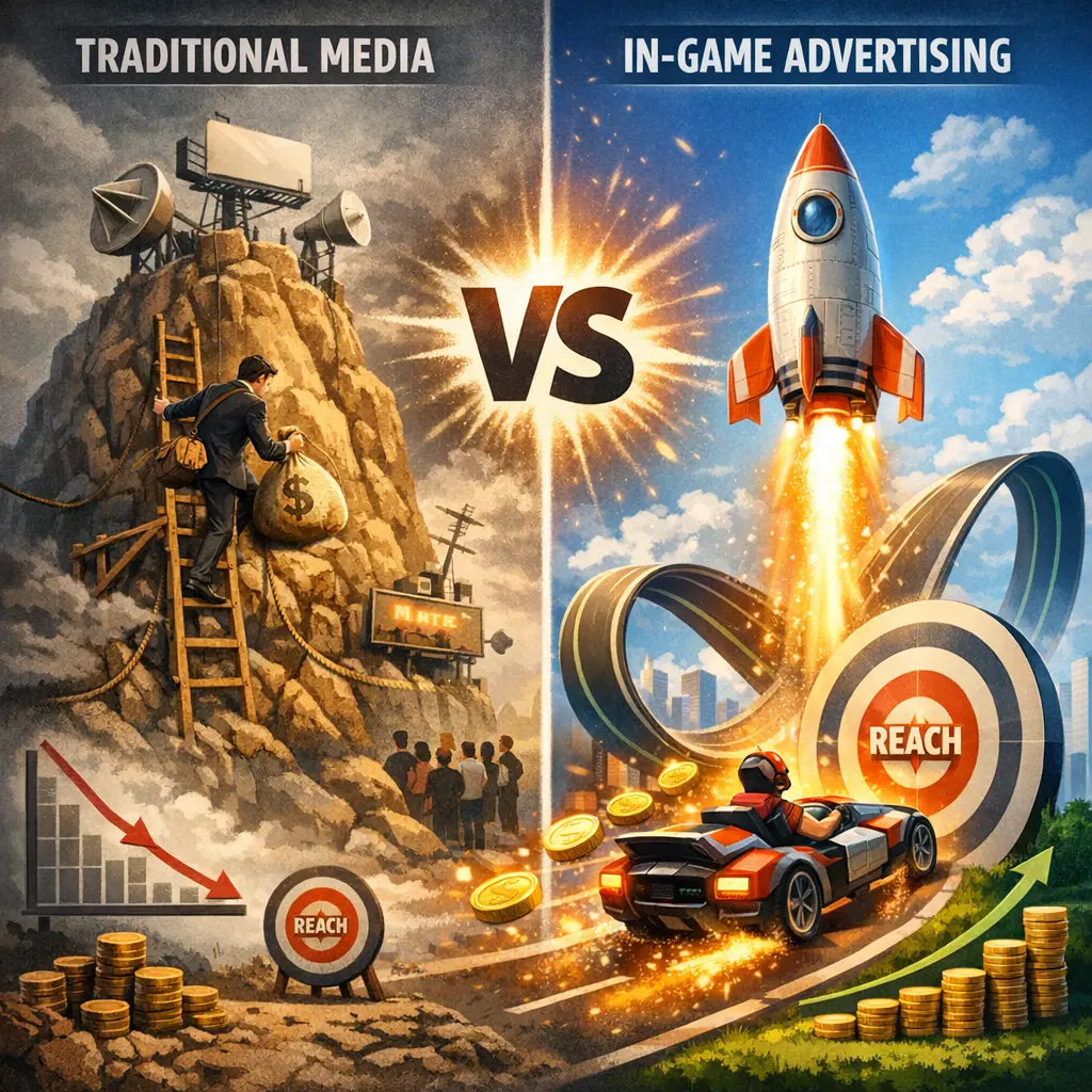 전통 매체와 인게임 채널의 광고 도달률 및 비용 효율성 지표를 시각적으로 대조한 비교 인포그래픽 차트 이미지