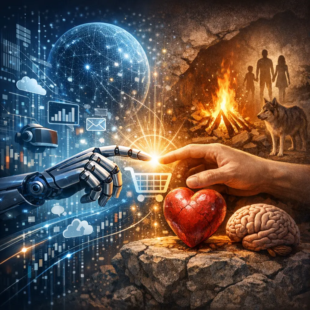 미래의 디지털 환경과 변치 않는 인간의 본능적 심리가 조화를 이룬 마케팅 전략 시각화 이미지