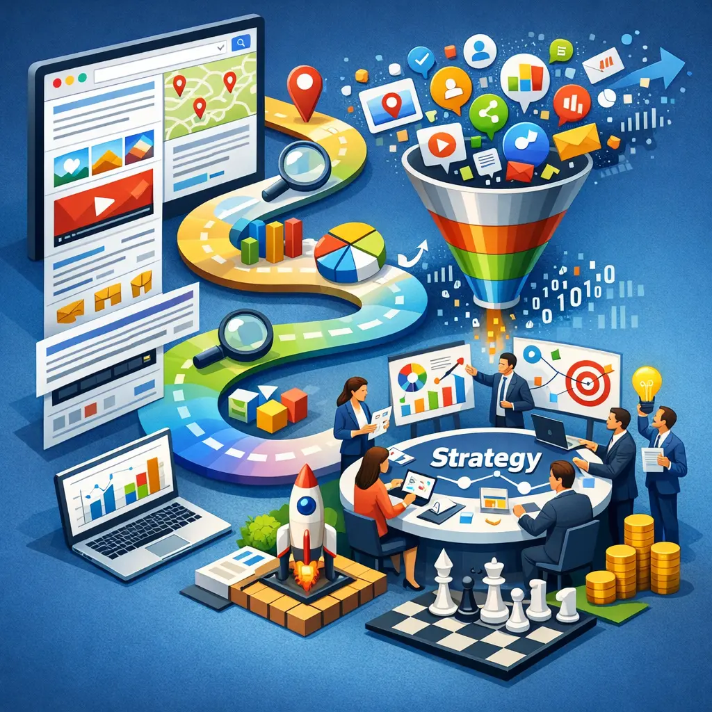 다양해지는 검색 결과 레이아웃과 이에 대응하는 데이터 기반의 마케팅 전략 수립 과정을 시각화한 인포그래픽 일러스트