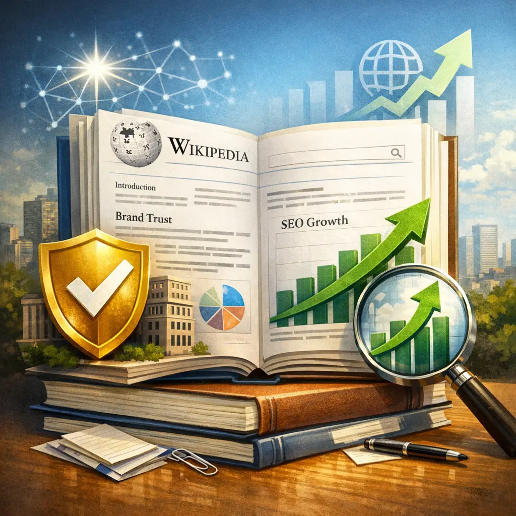 브랜드 신뢰도와 SEO 성장을 상징하는 위키백과 문서화 이미지